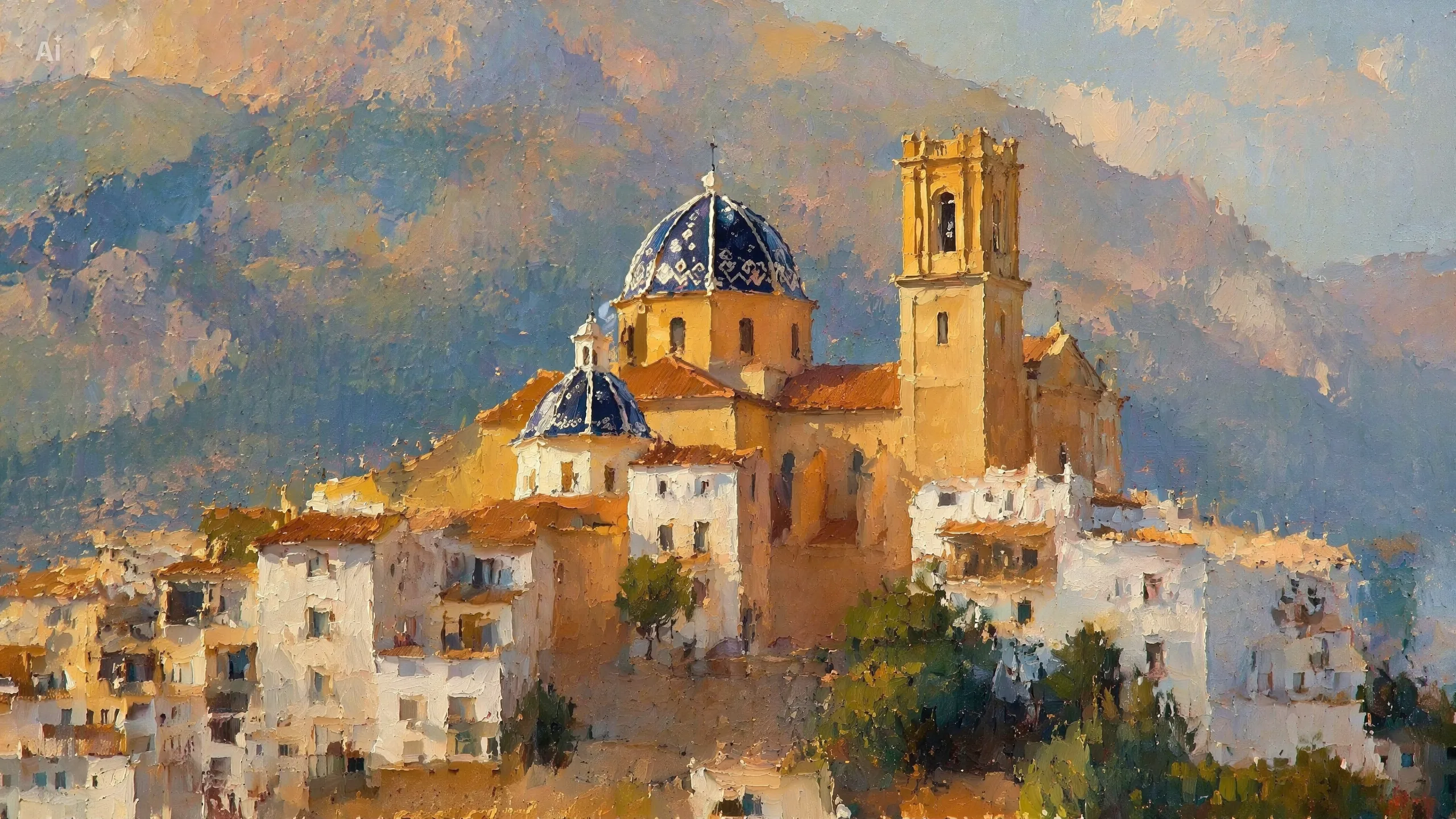 Painterly view of Altea old town and coastline